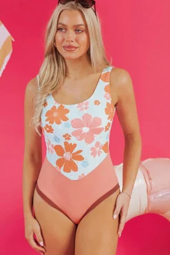 Best Dear-Lover Floral Patchwork Backless One Piece Swimsuit Orange