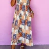 Best Dear-Lover Floral Patchwork Printed Frilled Bandeau Smocked High Waist Long Dress Orange