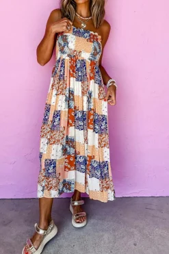 Best Dear-Lover Floral Patchwork Printed Frilled Bandeau Smocked High Waist Long Dress Orange