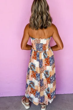 Best Dear-Lover Floral Patchwork Printed Frilled Bandeau Smocked High Waist Long Dress Orange
