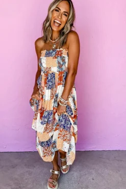 Best Dear-Lover Floral Patchwork Printed Frilled Bandeau Smocked High Waist Long Dress Orange