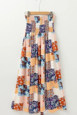Best Dear-Lover Floral Patchwork Printed Frilled Bandeau Smocked High Waist Long Dress Orange