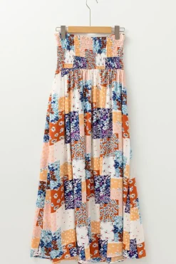 Best Dear-Lover Floral Patchwork Printed Frilled Bandeau Smocked High Waist Long Dress Orange