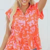 New Dear-Lover Floral Print Collared Button Neckline Flutter Sleeve Blouse Orange
