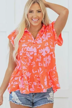 New Dear-Lover Floral Print Collared Button Neckline Flutter Sleeve Blouse Orange