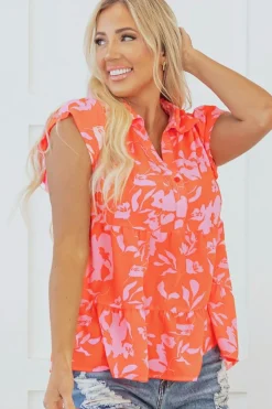 New Dear-Lover Floral Print Collared Button Neckline Flutter Sleeve Blouse Orange