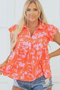 New Dear-Lover Floral Print Collared Button Neckline Flutter Sleeve Blouse Orange