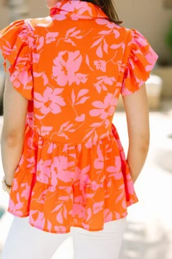 New Dear-Lover Floral Print Collared Button Neckline Flutter Sleeve Blouse Orange