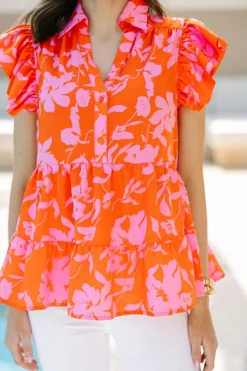 New Dear-Lover Floral Print Collared Button Neckline Flutter Sleeve Blouse Orange