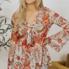 Online Dear-Lover Floral Print Deep V Neck Knot Bell Sleeve Blouse Orange