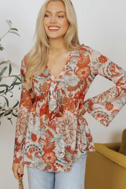 Online Dear-Lover Floral Print Deep V Neck Knot Bell Sleeve Blouse Orange