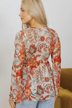 Online Dear-Lover Floral Print Deep V Neck Knot Bell Sleeve Blouse Orange