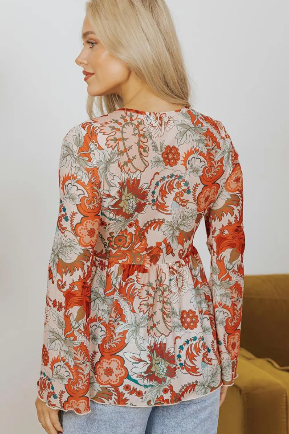 Online Dear-Lover Floral Print Deep V Neck Knot Bell Sleeve Blouse Orange