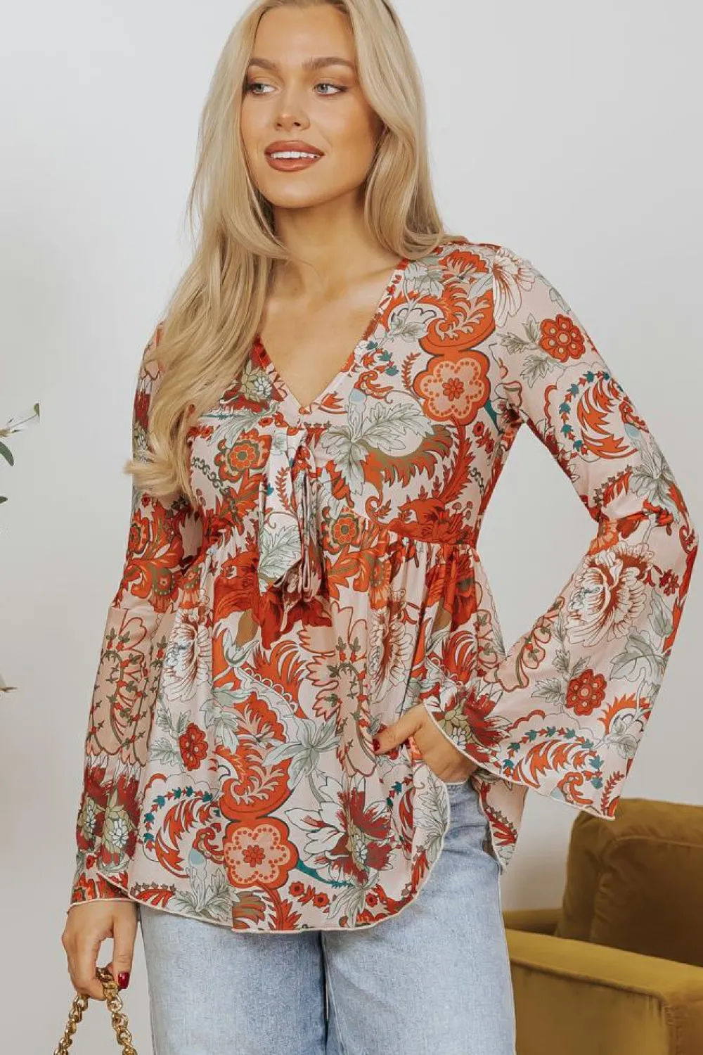 Online Dear-Lover Floral Print Deep V Neck Knot Bell Sleeve Blouse Orange