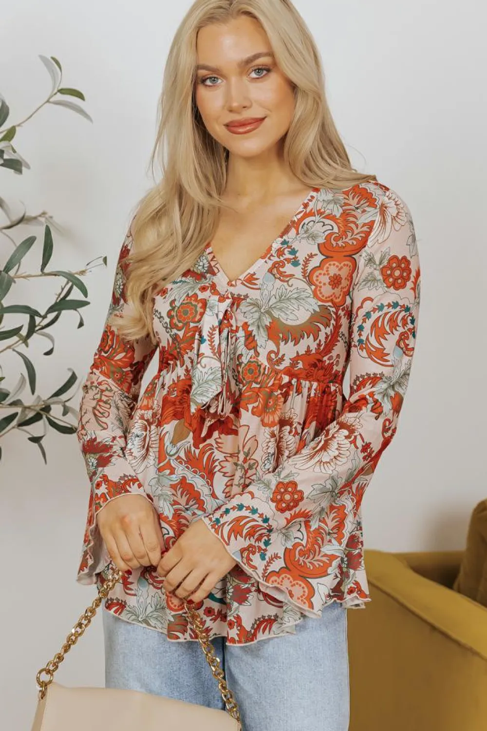 Online Dear-Lover Floral Print Deep V Neck Knot Bell Sleeve Blouse Orange
