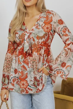Online Dear-Lover Floral Print Deep V Neck Knot Bell Sleeve Blouse Orange