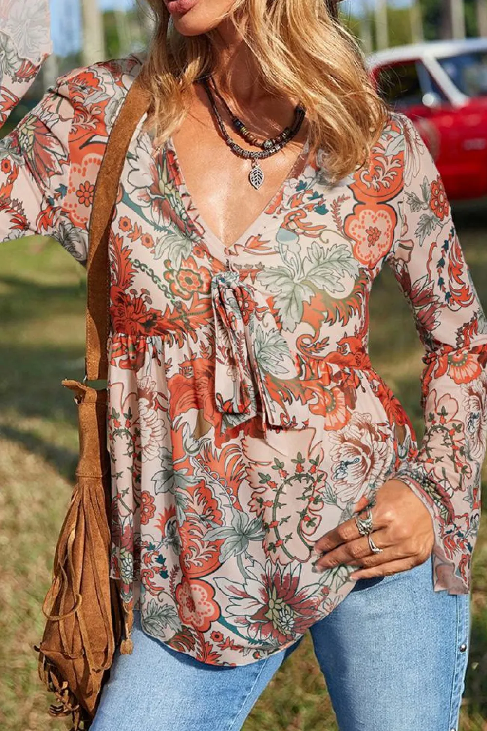 Online Dear-Lover Floral Print Deep V Neck Knot Bell Sleeve Blouse Orange