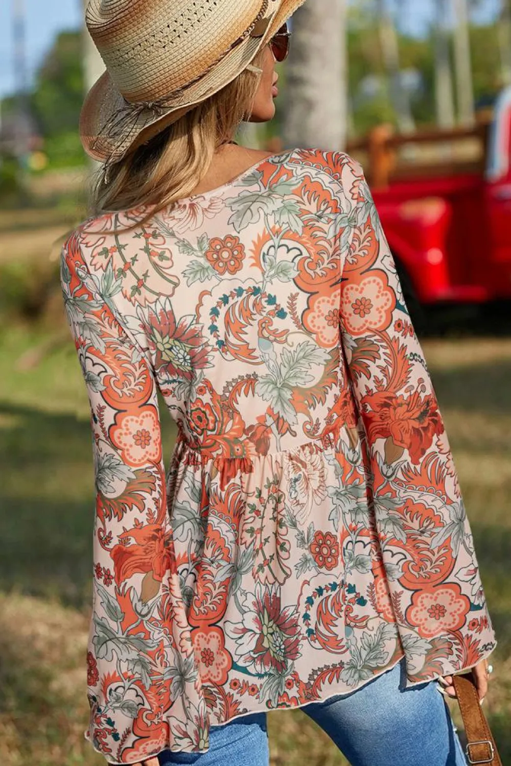 Online Dear-Lover Floral Print Deep V Neck Knot Bell Sleeve Blouse Orange