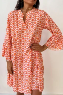 New Dear-Lover Floral Print Flounce Sleeve Buttoned Front Mini Dress Orange