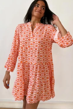 New Dear-Lover Floral Print Flounce Sleeve Buttoned Front Mini Dress Orange