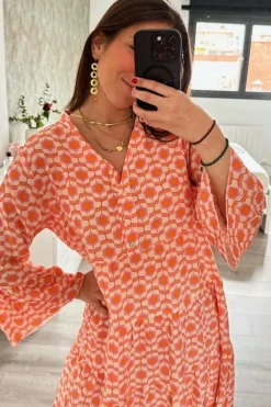 New Dear-Lover Floral Print Flounce Sleeve Buttoned Front Mini Dress Orange