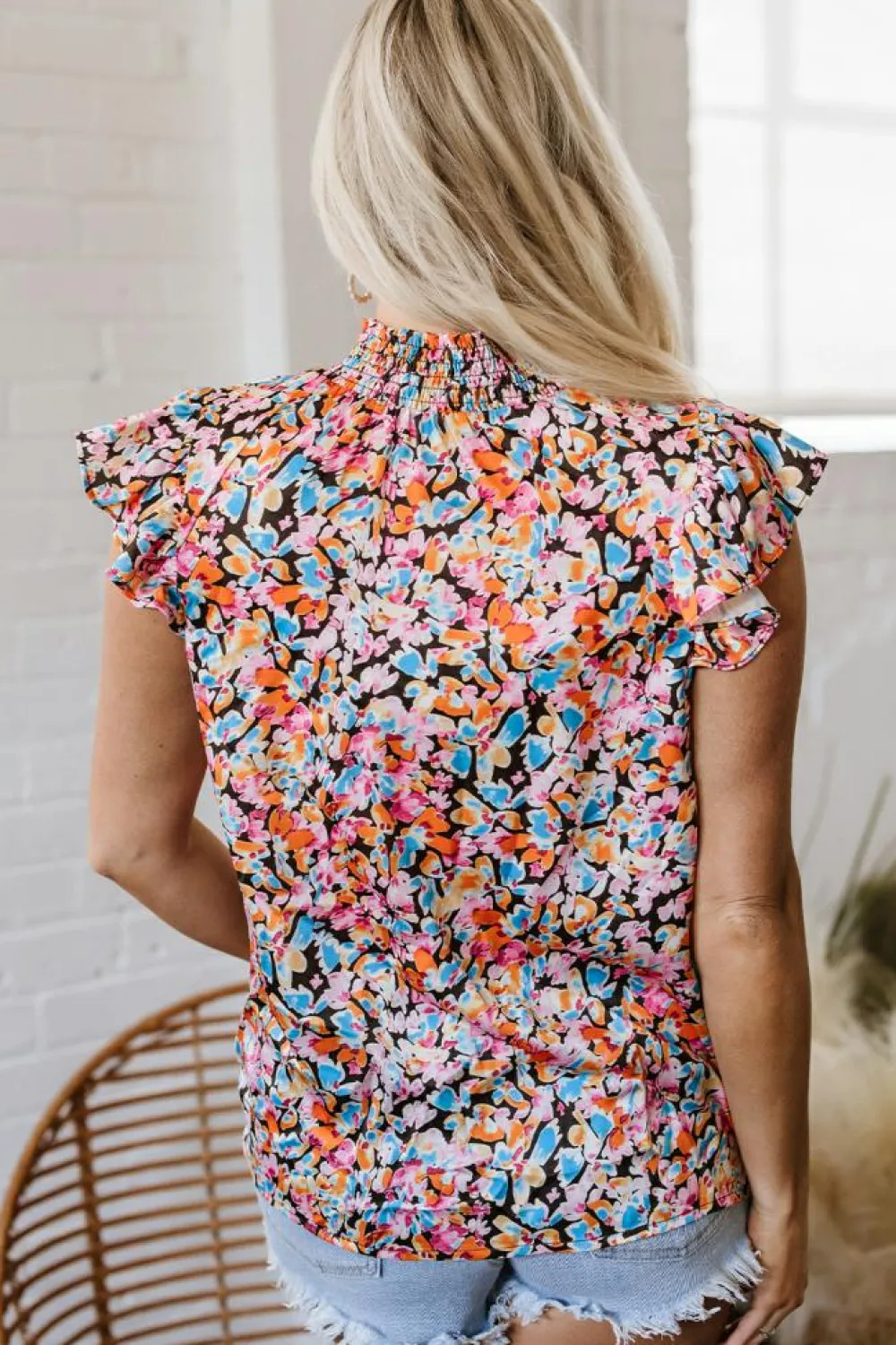 Fashion Dear-Lover Floral Print Flutter Sleeve Blouse Top Orange