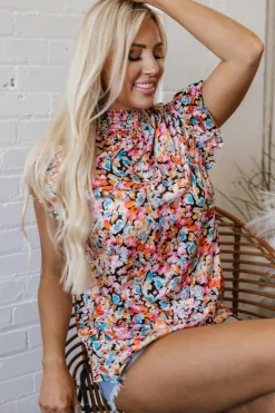 Fashion Dear-Lover Floral Print Flutter Sleeve Blouse Top Orange
