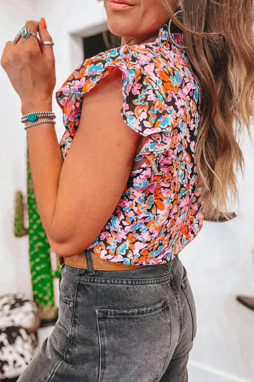Fashion Dear-Lover Floral Print Flutter Sleeve Blouse Top Orange