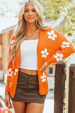 New Dear-Lover Floral Print Knitted Open Front Loose Cardigan Orange