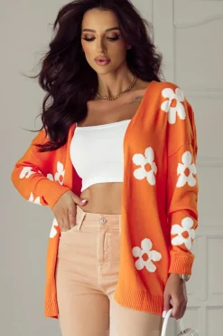 New Dear-Lover Floral Print Knitted Open Front Loose Cardigan Orange