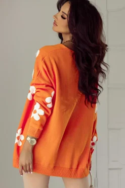 New Dear-Lover Floral Print Knitted Open Front Loose Cardigan Orange
