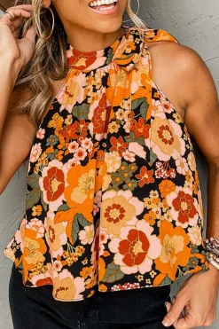 Discount Dear-Lover Floral Print Knotted Halter Neck Sleeveless Top Orange