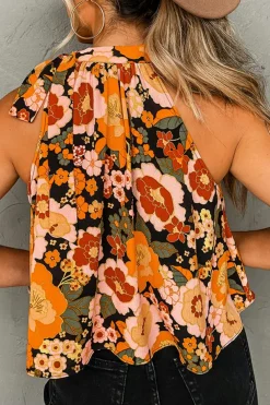 Discount Dear-Lover Floral Print Knotted Halter Neck Sleeveless Top Orange
