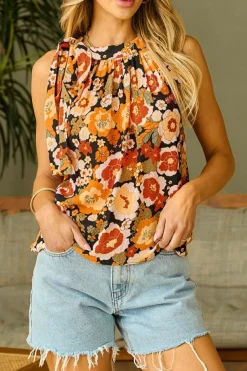 Discount Dear-Lover Floral Print Knotted Halter Neck Sleeveless Top Orange