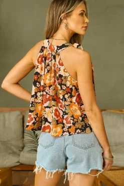 Discount Dear-Lover Floral Print Knotted Halter Neck Sleeveless Top Orange