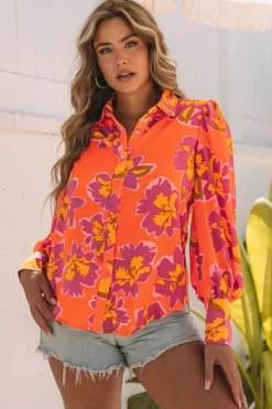 Clearance Dear-Lover Orange Floral Print Lantern Sleeve Shirt Orange-3