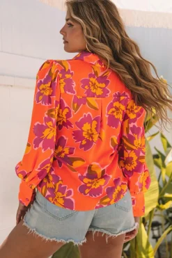 Clearance Dear-Lover Orange Floral Print Lantern Sleeve Shirt Orange-3