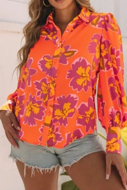 Clearance Dear-Lover Orange Floral Print Lantern Sleeve Shirt Orange-3