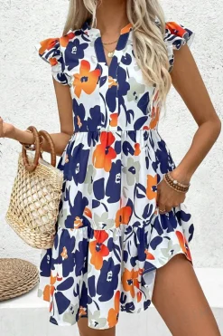 Fashion Dear-Lover Floral Print Notched Neck Flutter Sleeve Mini Dress Orange