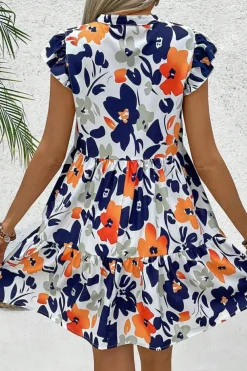 Fashion Dear-Lover Floral Print Notched Neck Flutter Sleeve Mini Dress Orange