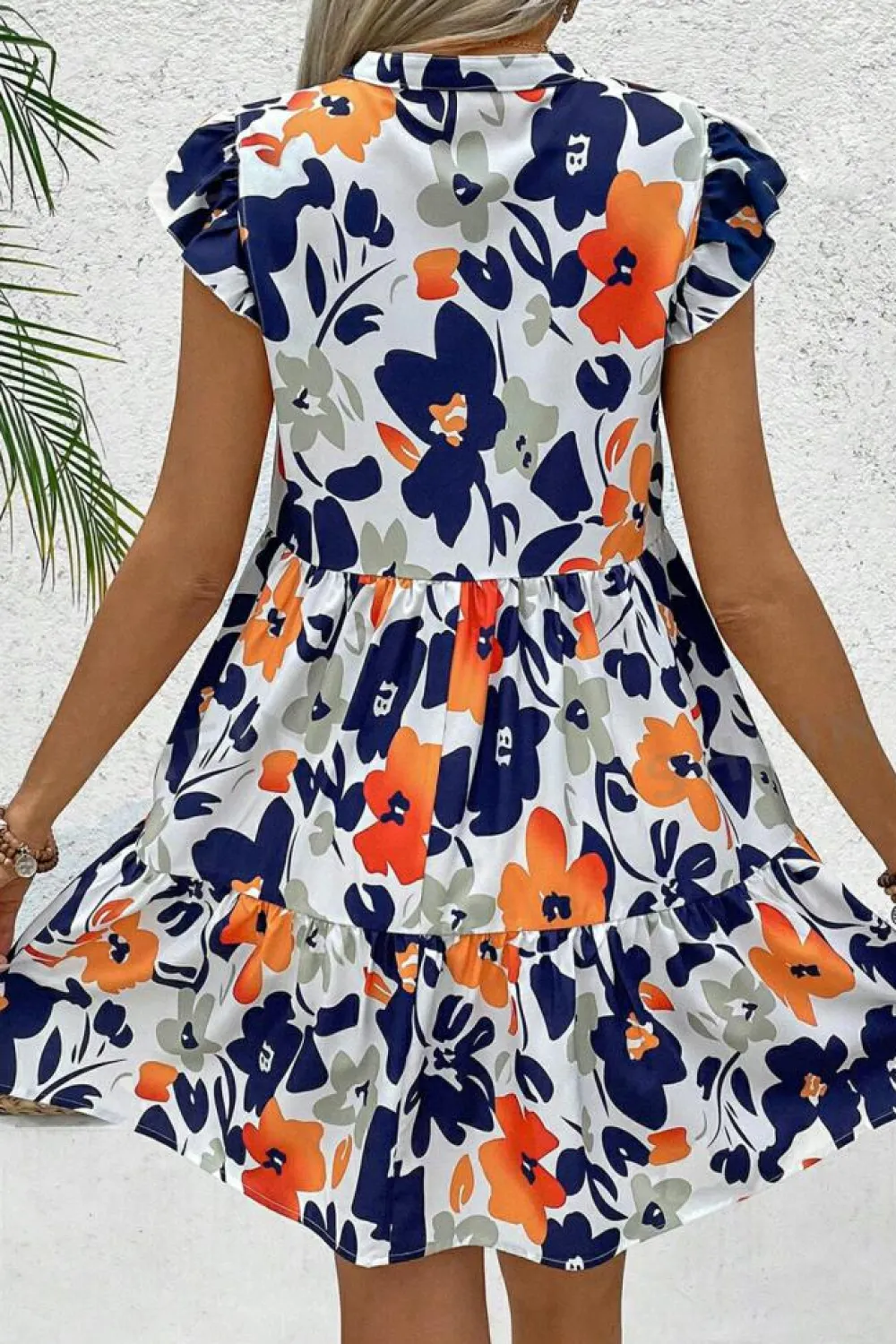 Fashion Dear-Lover Floral Print Notched Neck Flutter Sleeve Mini Dress Orange
