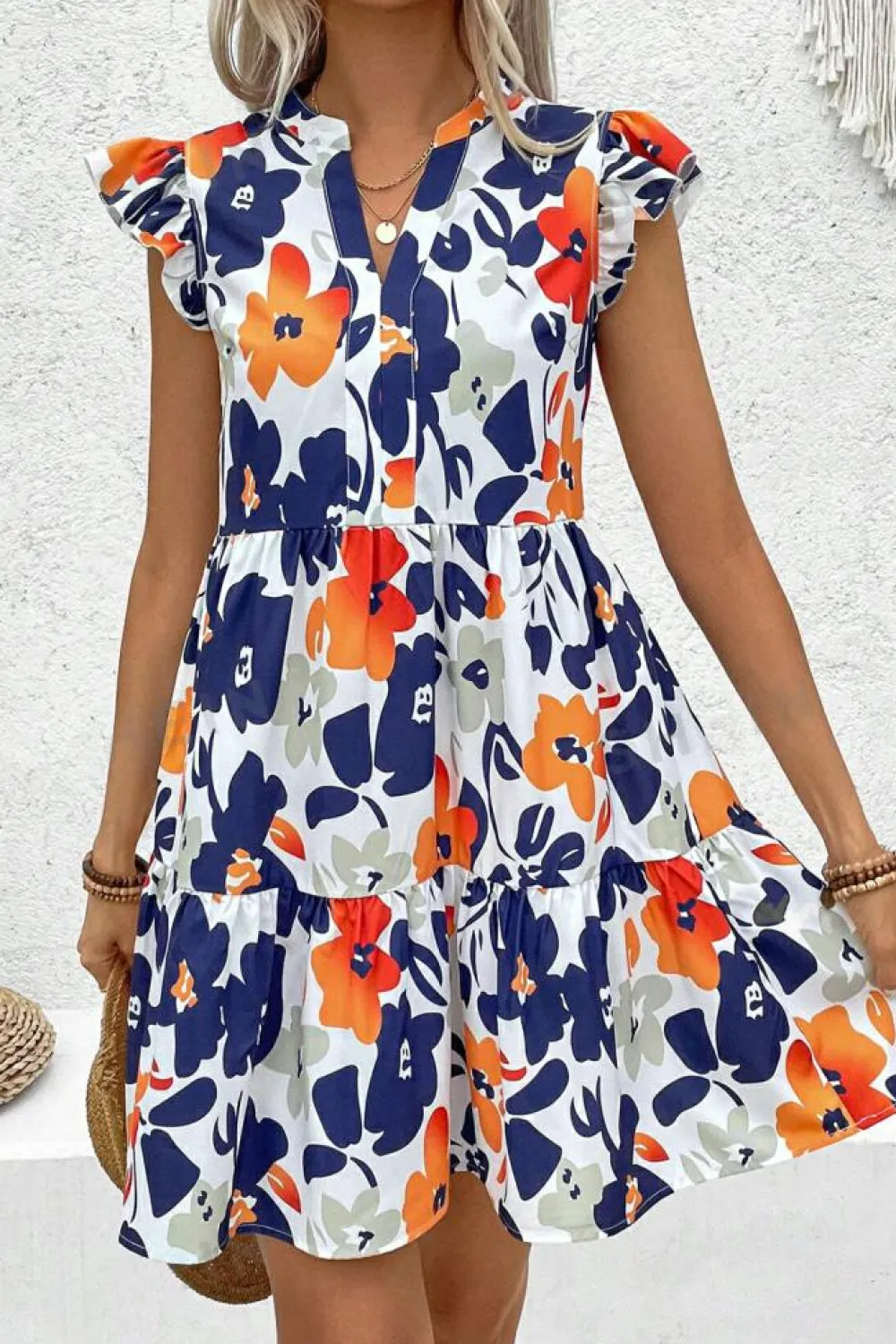 Fashion Dear-Lover Floral Print Notched Neck Flutter Sleeve Mini Dress Orange