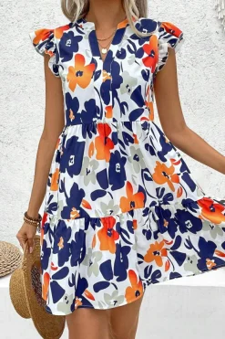 Fashion Dear-Lover Floral Print Notched Neck Flutter Sleeve Mini Dress Orange