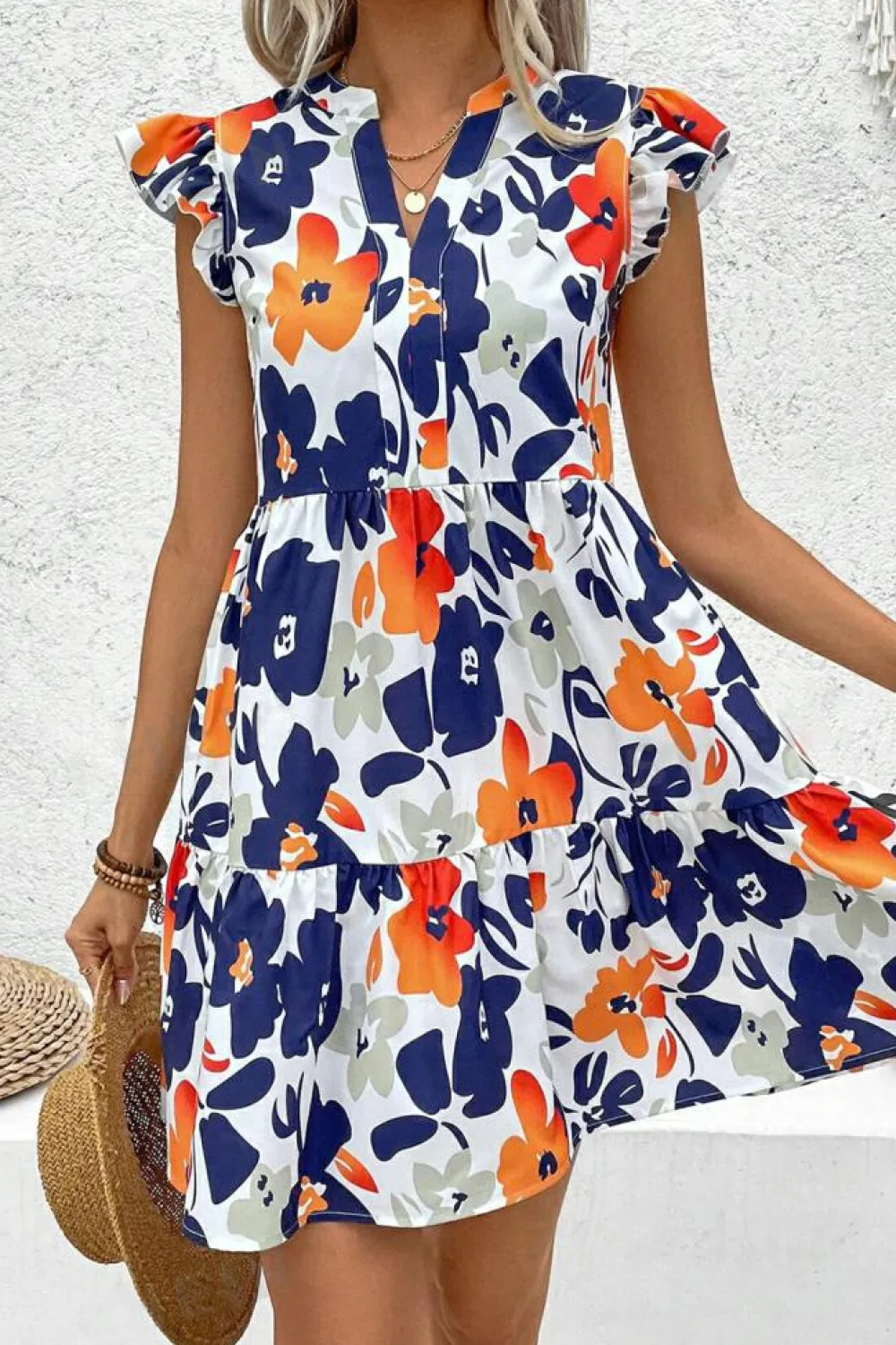 Fashion Dear-Lover Floral Print Notched Neck Flutter Sleeve Mini Dress Orange