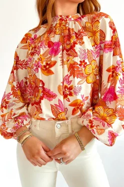 Discount Dear-Lover Floral Print Pearl Button Keyhole Long Puff Sleeve Blouse Orange