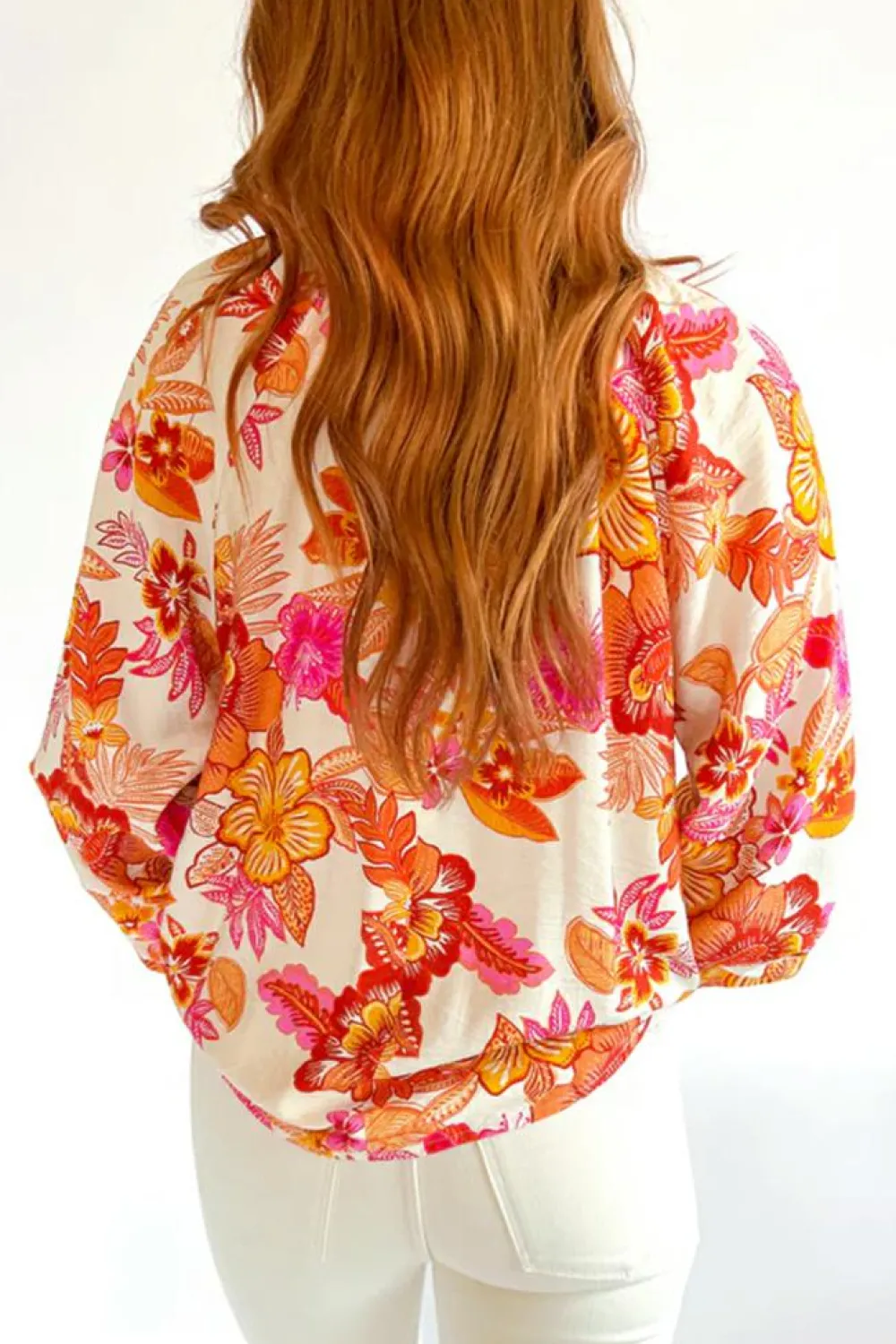 Discount Dear-Lover Floral Print Pearl Button Keyhole Long Puff Sleeve Blouse Orange