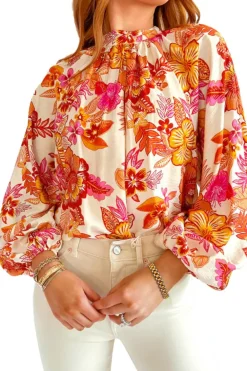 Discount Dear-Lover Floral Print Pearl Button Keyhole Long Puff Sleeve Blouse Orange