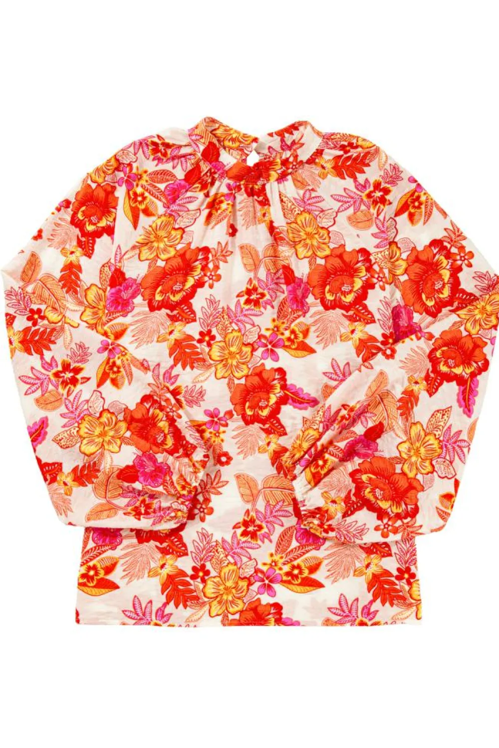 Discount Dear-Lover Floral Print Pearl Button Keyhole Long Puff Sleeve Blouse Orange