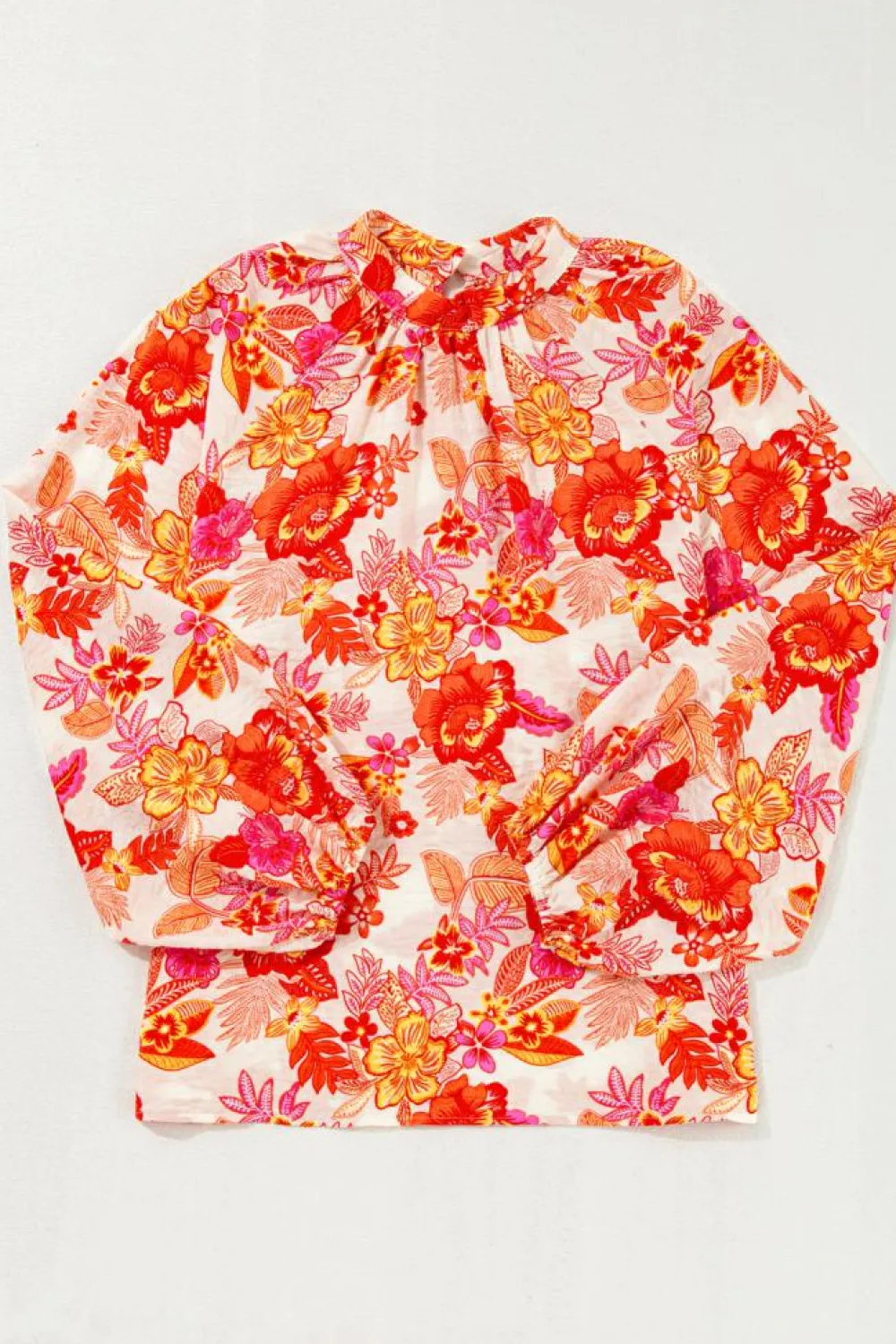 Discount Dear-Lover Floral Print Pearl Button Keyhole Long Puff Sleeve Blouse Orange