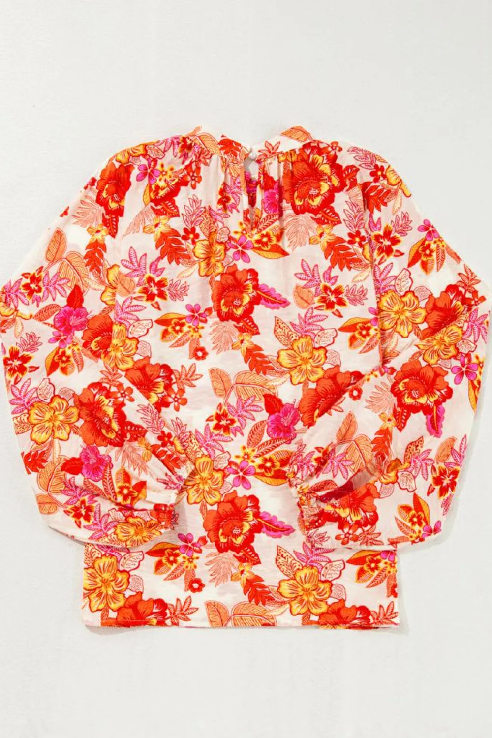 Discount Dear-Lover Floral Print Pearl Button Keyhole Long Puff Sleeve Blouse Orange
